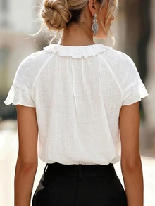EMERY ROSE Women's V-Neck Ruffle Trim Bowknot Loose Blouse, White Summer Boho Holiday Vacation Casual Shirt For Cruise, Music Festivals, Beach, Weddings - White - View 2