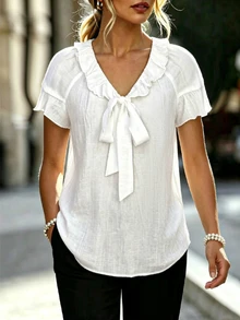 EMERY ROSE Women's V-Neck Ruffle Trim Bowknot Loose Blouse, White Summer Boho Holiday Vacation Casual Shirt For Cruise, Music Festivals, Beach, Weddings - White - View 4