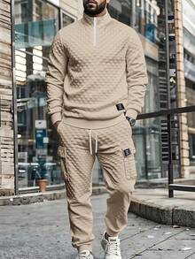 Manfinity Homme 男士休闲纯色纹理套头衫卫衣和运动裤套装 - 杏色 - 查看 1