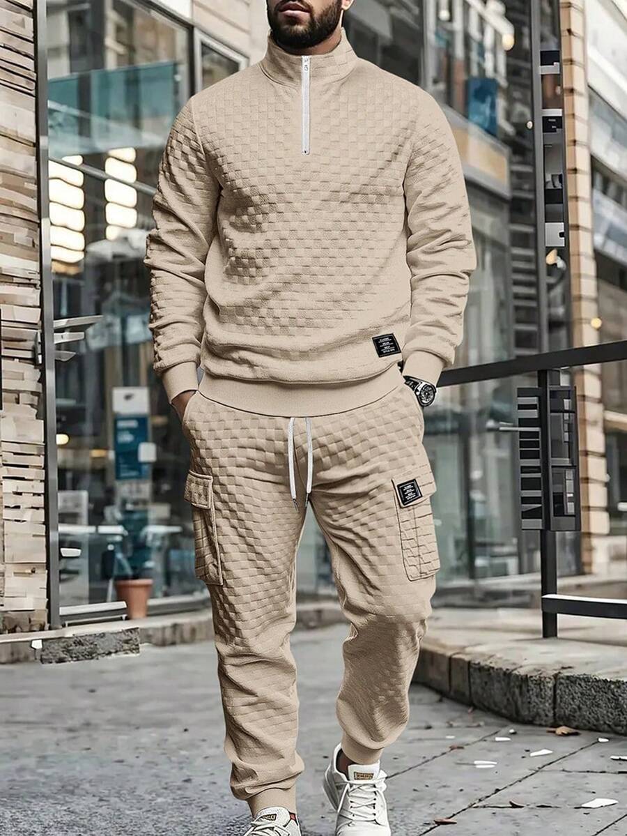 Manfinity Homme 男士休闲纯色纹理套头衫卫衣和运动裤套装 - 杏色 - 查看 1