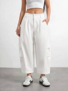 SHEIN PETITE Women's Solid Color Pleated Casual Versatile Daily Travel Long Pants - White - View 5