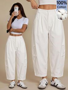 SHEIN PETITE Women's Solid Color Pleated Casual Versatile Daily Travel Long Pants - White - View 12