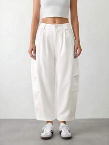 SHEIN PETITE Women's Solid Color Pleated Casual Versatile Daily Travel Long Pants - White - View 8