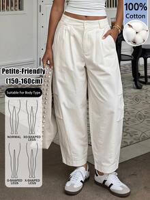 SHEIN PETITE Women's Solid Color Pleated Casual Versatile Daily Travel Long Pants - White - View 13