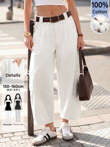 SHEIN PETITE Women's Solid Color Pleated Casual Versatile Daily Travel Long Pants - White - View 10