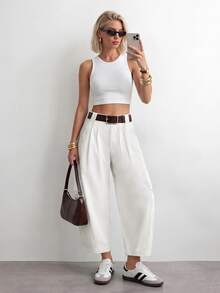 SHEIN PETITE Women's Solid Color Pleated Casual Versatile Daily Travel Long Pants - White - View 6