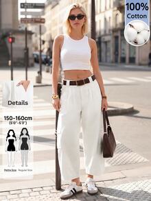SHEIN PETITE Women's Solid Color Pleated Casual Versatile Daily Travel Long Pants - White - View 9
