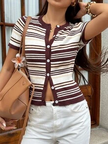 SHEIN Frenchy Women's Casual Street Blue And White Striped Button Up Short Sleeve Knit Cardigan Slim Fit Sweater Top Single-Breasted Midweight All Seasons Brunch - Multicolor - View 10
