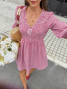 Serisse 女款格紋荷葉邊收腰長袖洋裝,粉色與白色條紋,適合秋季、慕尼黑啤酒節、野餐、早午餐,法式風格 - 紅白色 - 查看 10