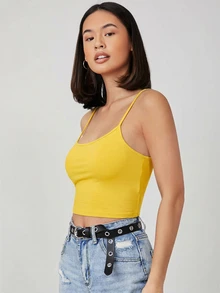 SHEIN BASICS 女款素色貼身短版吊帶背心 女款黃色貼身上衣 黃色短版夏季上衣 - 黃色 - 查看 6