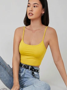 SHEIN BASICS 女款素色貼身短版吊帶背心 女款黃色貼身上衣 黃色短版夏季上衣 - 黃色 - 查看 5