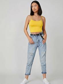SHEIN BASICS 女款素色貼身短版吊帶背心 女款黃色貼身上衣 黃色短版夏季上衣 - 黃色 - 查看 4