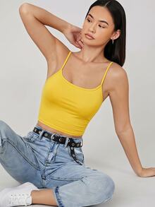SHEIN BASICS 女款素色貼身短版吊帶背心 女款黃色貼身上衣 黃色短版夏季上衣 - 黃色 - 查看 7