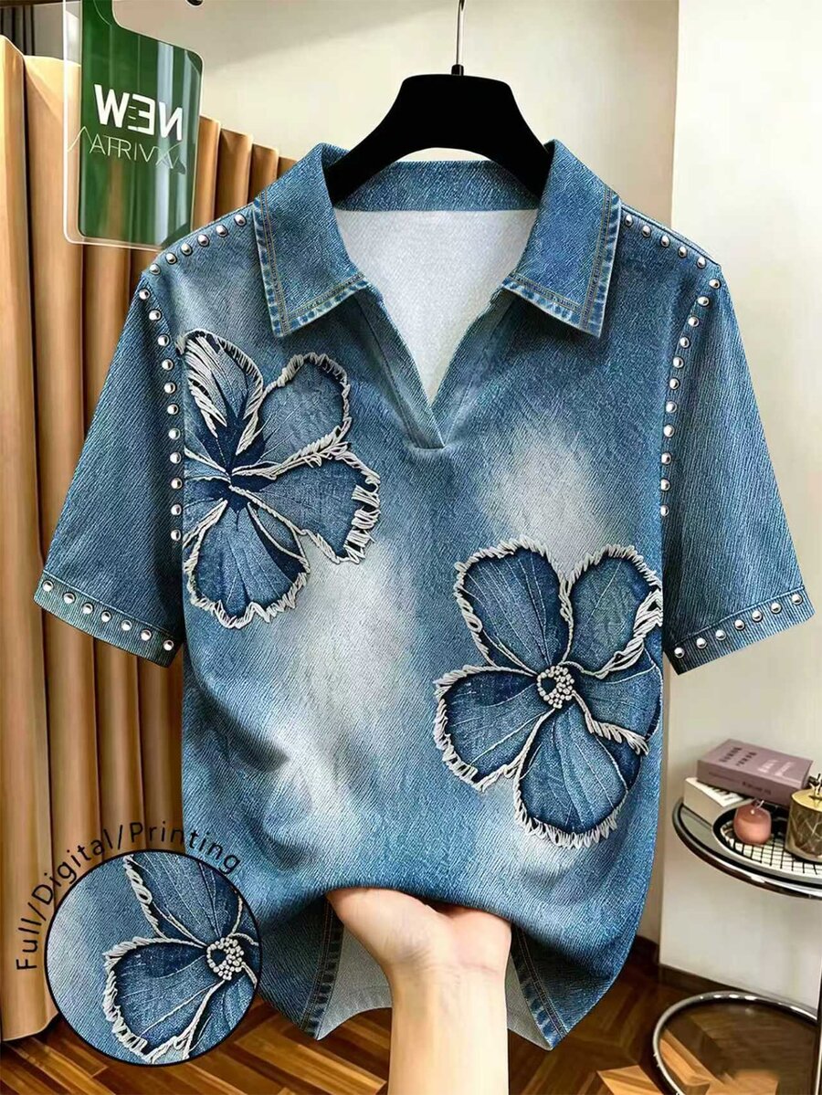 GlowEve CURVE 大尺碼女款 Polo 衫,時尚 1920 年代復古 80 年代設計丹寧效果印花上衣,對比領,度假藍白配色夏季款 - 彩色 - 查看 1