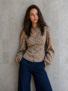 Nöista Green & Olive Plaid Blouse With A Band Collar And Front Keyhole Detail. Sexy, Elegant For Office, Weekends,Day To Night, Dinner, Fall,Autumn Winter. - Green - View 3