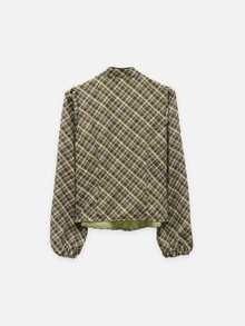 Nöista Green & Olive Plaid Blouse With A Band Collar And Front Keyhole Detail. Sexy, Elegant For Office, Weekends,Day To Night, Dinner, Fall,Autumn Winter. - Green - View 10