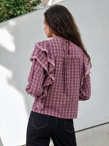 Nöista Plaid Ruffle Front Blouse In Pink & Burgundy. Tie V-Neck, Lace-Trim Ruffles, Elastic Cuffs. Boho, Holidays, Everyday, Office. Fall, Autumn Winter  - Pink - View 6