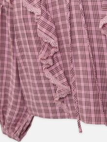 Nöista Plaid Ruffle Front Blouse In Pink & Burgundy. Tie V-Neck, Lace-Trim Ruffles, Elastic Cuffs. Boho, Holidays, Everyday, Office. Fall, Autumn Winter  - Pink - View 10