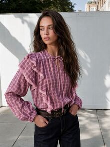 Nöista Plaid Ruffle Front Blouse In Pink & Burgundy. Tie V-Neck, Lace-Trim Ruffles, Elastic Cuffs. Boho, Holidays, Everyday, Office. Fall, Autumn Winter  - Pink - View 5