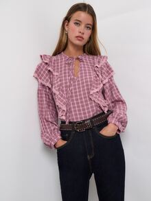 Nöista Plaid Ruffle Front Blouse In Pink & Burgundy. Tie V-Neck, Lace-Trim Ruffles, Elastic Cuffs. Boho, Holidays, Everyday, Office. Fall, Autumn Winter  - Pink - View 3