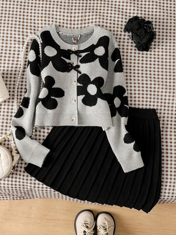 Tween Girls' Gray And Black Jacquard Floral Cardigan Long Sleeve Knit Sweater Set With Black Bow Decor, Black Pleated Skirt, Soft And Comfortable Fabric Suitable For Home, Casual, Outings And Gatherings