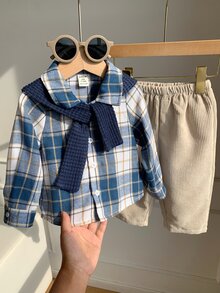 男嬰幼兒 3 件組加厚格紋襯衫與披肩套裝，多件式套裝，嬰兒冬季衣著/套裝 - 黑色 - 查看 7