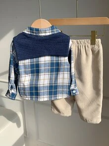 男嬰幼兒 3 件組加厚格紋襯衫與披肩套裝，多件式套裝，嬰兒冬季衣著/套裝 - 黑色 - 查看 2