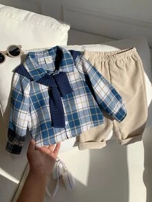 男嬰幼兒 3 件組加厚格紋襯衫與披肩套裝，多件式套裝，嬰兒冬季衣著/套裝 - 黑色 - 查看 6