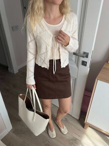 Serisse Women's Solid Color Long Sleeve Hollow Out Front Tie Knit Thin Cardigan - Apricot - View 4