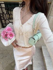 Serisse Women's Solid Color Long Sleeve Hollow Out Front Tie Knit Thin Cardigan - Apricot - View 3