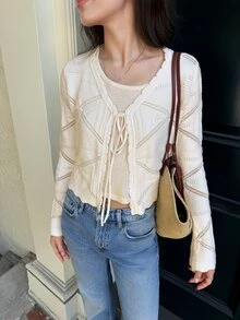 Serisse Women's Solid Color Long Sleeve Hollow Out Front Tie Knit Thin Cardigan - Apricot - View 8