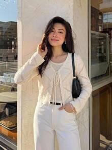 Serisse Women's Solid Color Long Sleeve Hollow Out Front Tie Knit Thin Cardigan - Apricot - View 6