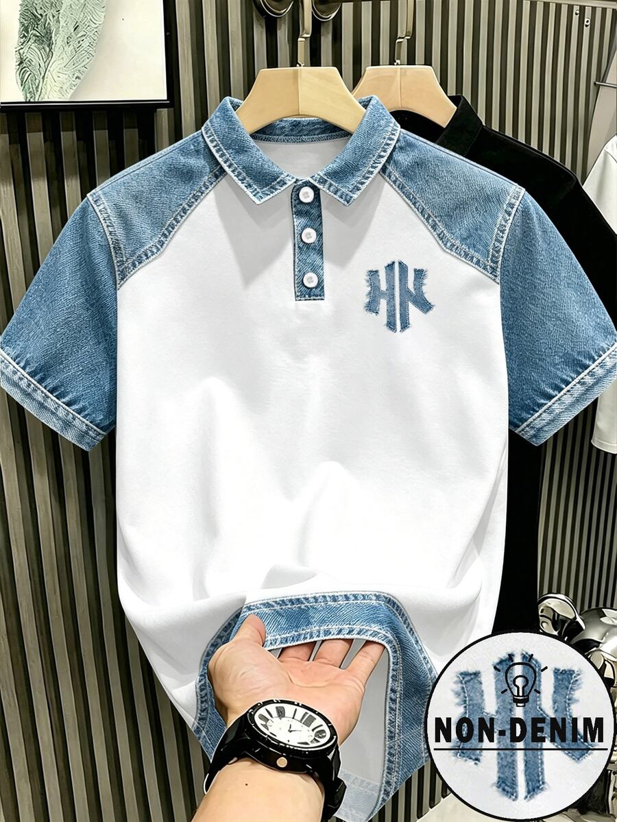 Manfinity Hypemode Men's  Printed Patchwork Polo Shirt,White And Blue,Summer,Casual,Graduation,Back-To-School Short Sleeve Top For Daily,Work,Street & Weekend Wear
