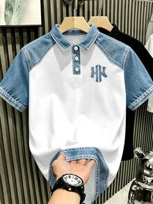 Manfinity Hypemode Men's  Printed Patchwork Polo Shirt,White And Blue,Summer,Casual,Graduation,Back-To-School Short Sleeve Top For Daily,Work,Street & Weekend Wear - Multicolor - View 5