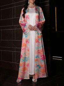 SHEIN Najma 女款白色時尚圓領無袖長洋裝，花卉圖案緞面優雅端莊日常洋裝，穿在阿巴雅內層的洋裝 - 白色 - 查看 7