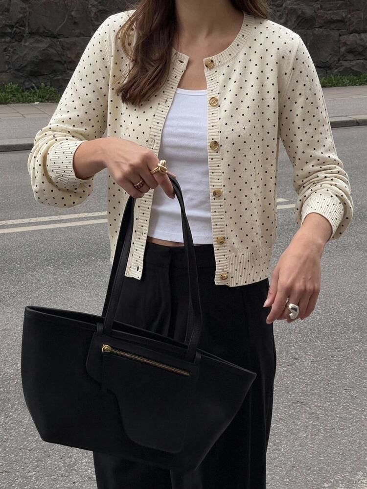 Serisse Women's Polka Dot Single-Breasted Casual Daily Long Sleeve Cardigan - Beige - View 3