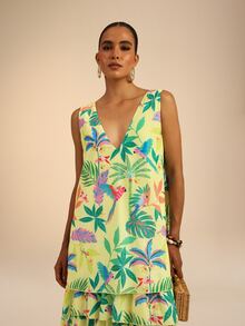 Dancing Leopard Yellow Chiffon Tropical Tiered Dress, Holiday/Vacation Wear - Yellow - View 7