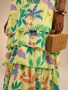Dancing Leopard Yellow Chiffon Tropical Tiered Dress, Holiday/Vacation Wear - Yellow - View 4