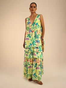 Dancing Leopard Yellow Chiffon Tropical Tiered Dress, Holiday/Vacation Wear - Yellow - View 3