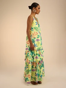 Dancing Leopard Yellow Chiffon Tropical Tiered Dress, Holiday/Vacation Wear - Yellow - View 6
