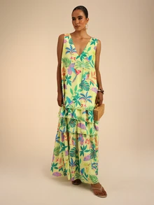 Dancing Leopard Yellow Chiffon Tropical Tiered Dress, Holiday/Vacation Wear - Yellow - View 5