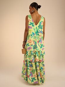 Dancing Leopard Yellow Chiffon Tropical Tiered Dress, Holiday/Vacation Wear - Yellow - View 2