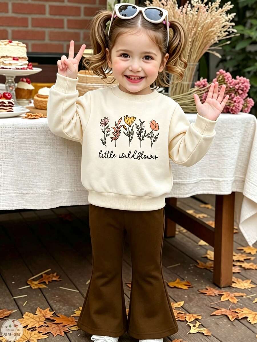 SHEIN Vintaside Kids 女嬰野花印花圓領衛衣與喇叭褲2件套可愛秋冬服飾