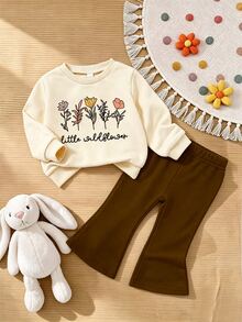 SHEIN Vintaside Kids 女嬰野花印花圓領衛衣與喇叭褲2件套可愛秋冬服飾 - 彩色 - 查看 4