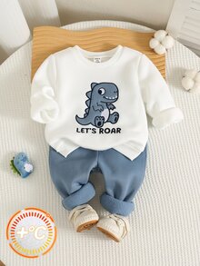 SHEIN 中性嬰兒男/女童 幼兒 2件組 秋冬休閒可愛恐龍貼布繡運動衫套裝 嬰兒冬季衣著套裝 - 霧霾藍 - 查看 1