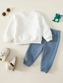 SHEIN 中性嬰兒男/女童 幼兒 2件組 秋冬休閒可愛恐龍貼布繡運動衫套裝 嬰兒冬季衣著套裝 - 霧霾藍 - 查看 2