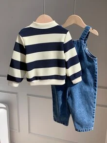 SHEIN 中性新生兒男嬰/女嬰 2件組 秋冬可愛條紋領運動衫與牛仔吊帶褲連身衣套裝 男嬰秋季套裝 - 藏蓝色 - 查看 3