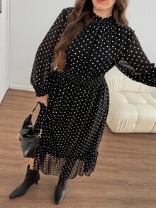 SHEIN LUNE Gaun Liburan Lengan Panjang Motif Polkadot Gaya Prancis Ukuran Besar untuk Musim Gugur - Hitam dan Putih - View 1