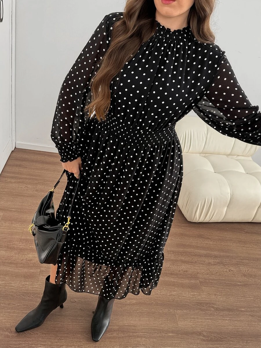 SHEIN LUNE Gaun Liburan Lengan Panjang Motif Polkadot Gaya Prancis Ukuran Besar untuk Musim Gugur - Hitam dan Putih - View 1