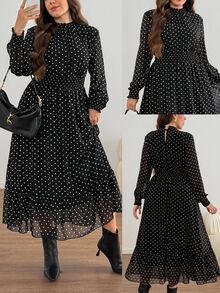 SHEIN LUNE Gaun Liburan Lengan Panjang Motif Polkadot Gaya Prancis Ukuran Besar untuk Musim Gugur - Hitam dan Putih - View 2